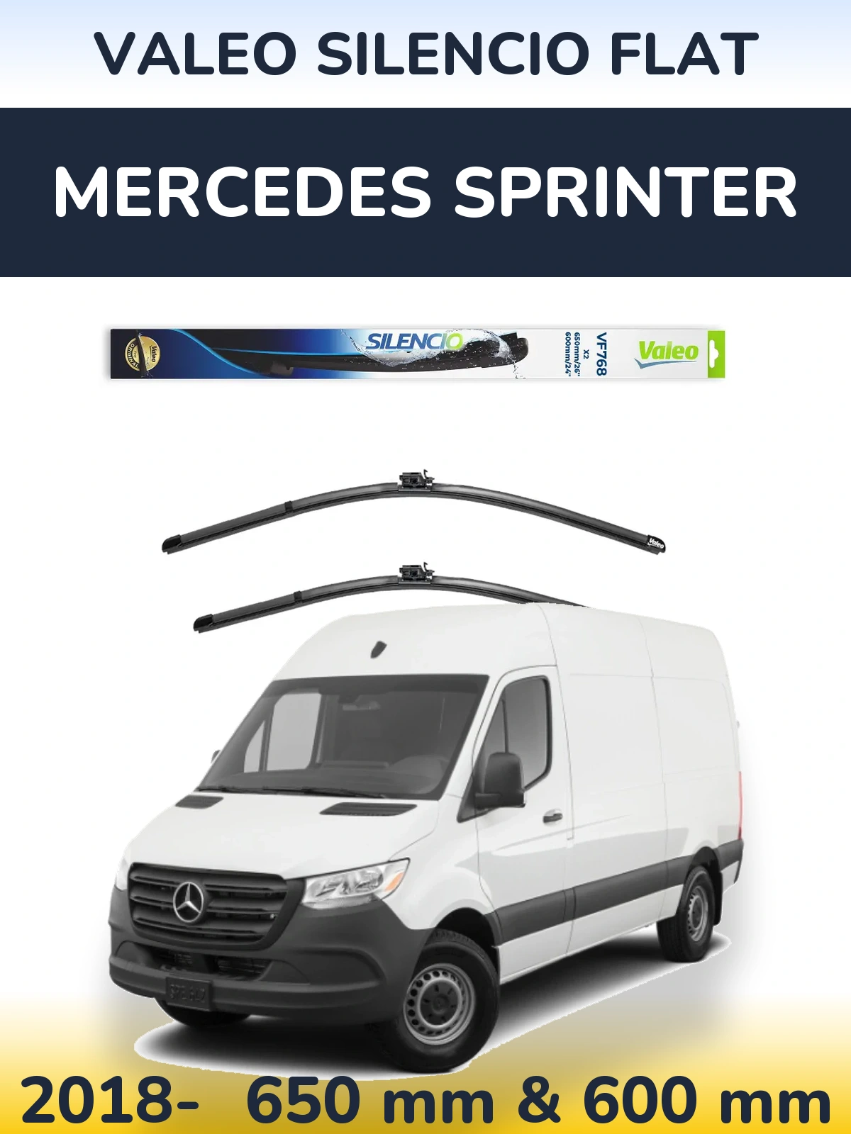 Front wiper blade set Valeo Silencio Flat 650 & 600 mm for Mercedes Sprinter 2018-2026