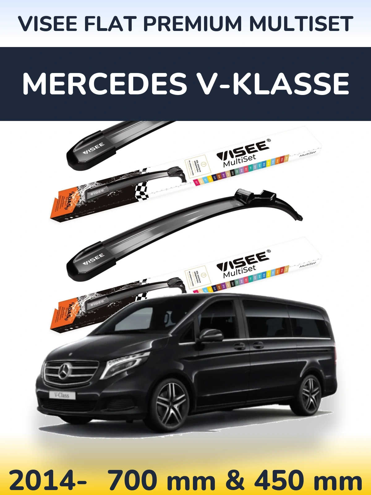 Комплект передних дворников VISEE FLAT PREMIUM MultiSet 700 & 450 мм для Mercedes V-Klasse 2014-2026
