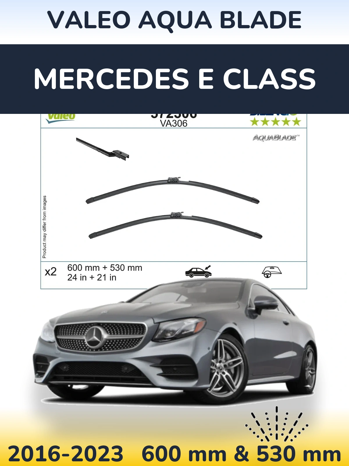 Front wiper blade set Valeo Aqua Blade 600 & 530 mm for Mercedes E Class 2016-2023