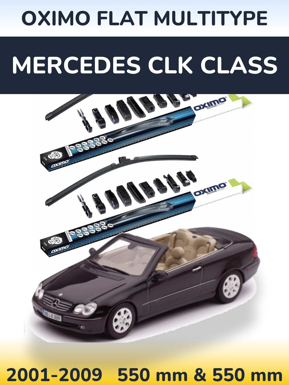 Front wiper blade set Oximo Flat MultiTipoe 550 & 550 mm for Mercedes CLK Class 2001-2009