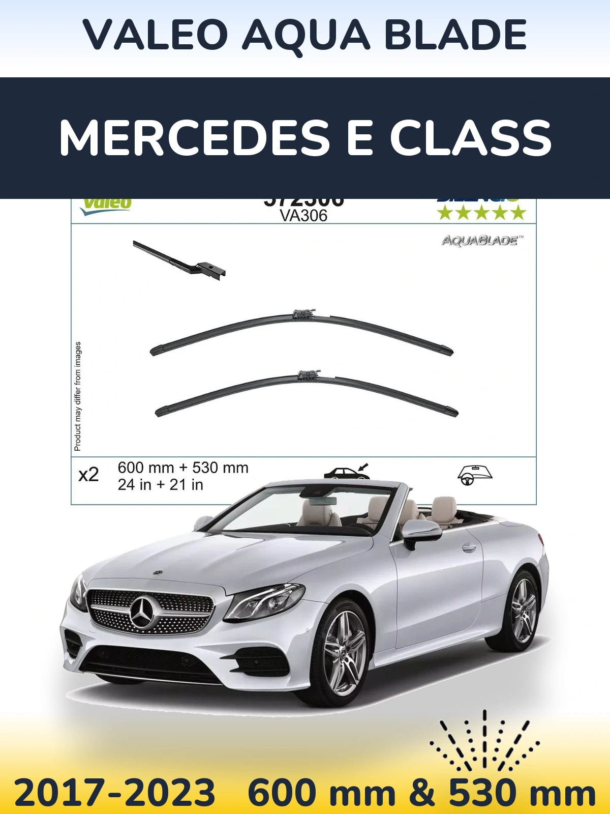 Front wiper blade set Valeo Aqua Blade 600 & 530 mm for Mercedes E Class 2017-2023