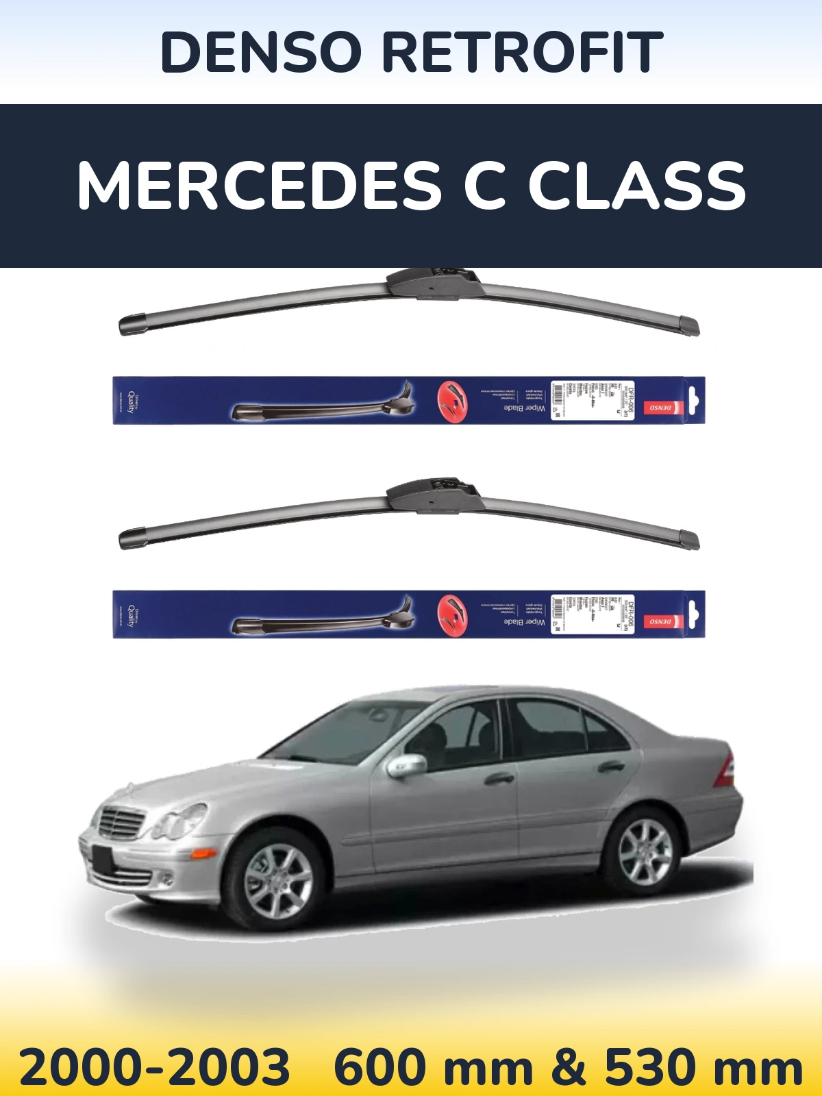 Front wiper blade set Denso Retrofit 600 & 530 mm for Mercedes C Class 2000-2003