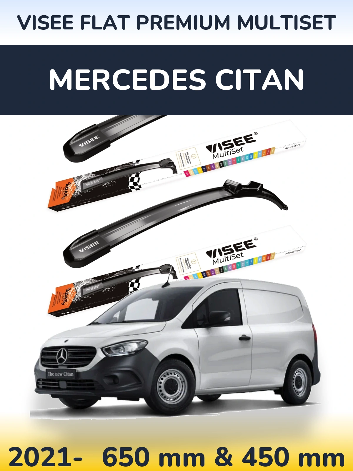 Front wiper blade set VISEE FLAT PREMIUM MultiSet 650 & 450 mm for Mercedes Citan 2021-2026