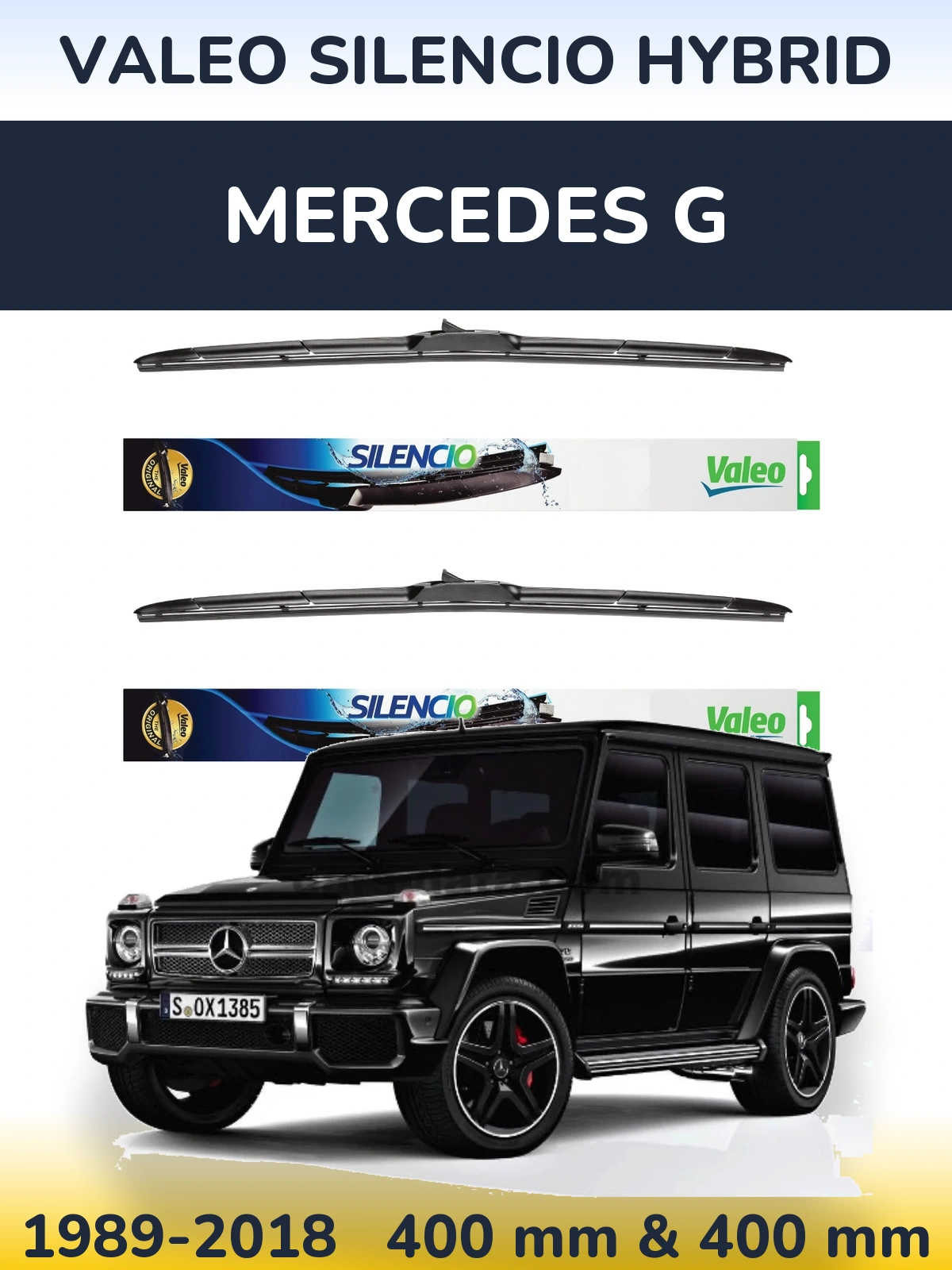 Front wiper blade set Valeo Silencio Hybrid 400 & 400 mm for Mercedes G 1989-2018