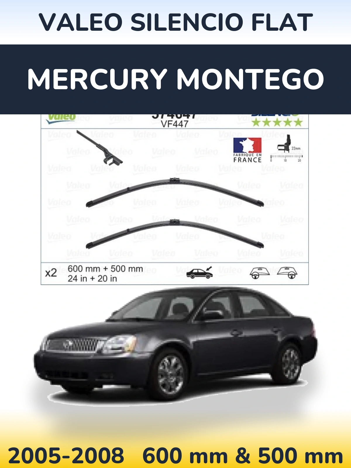 Front wiper blade set Valeo Silencio Flat 600 & 500 mm for Mercury Montego 2005-2008