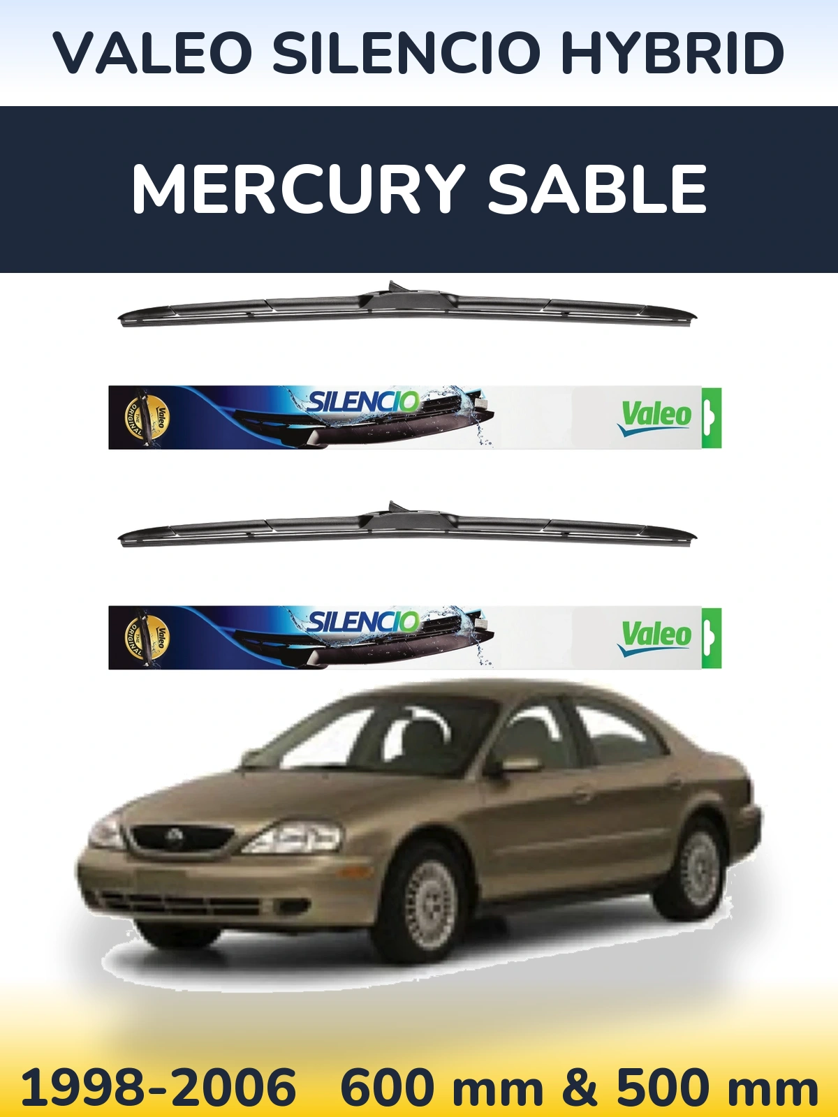 Front wiper blade set Valeo Silencio Hybrid 600 & 500 mm for Mercury Sable 1998-2006