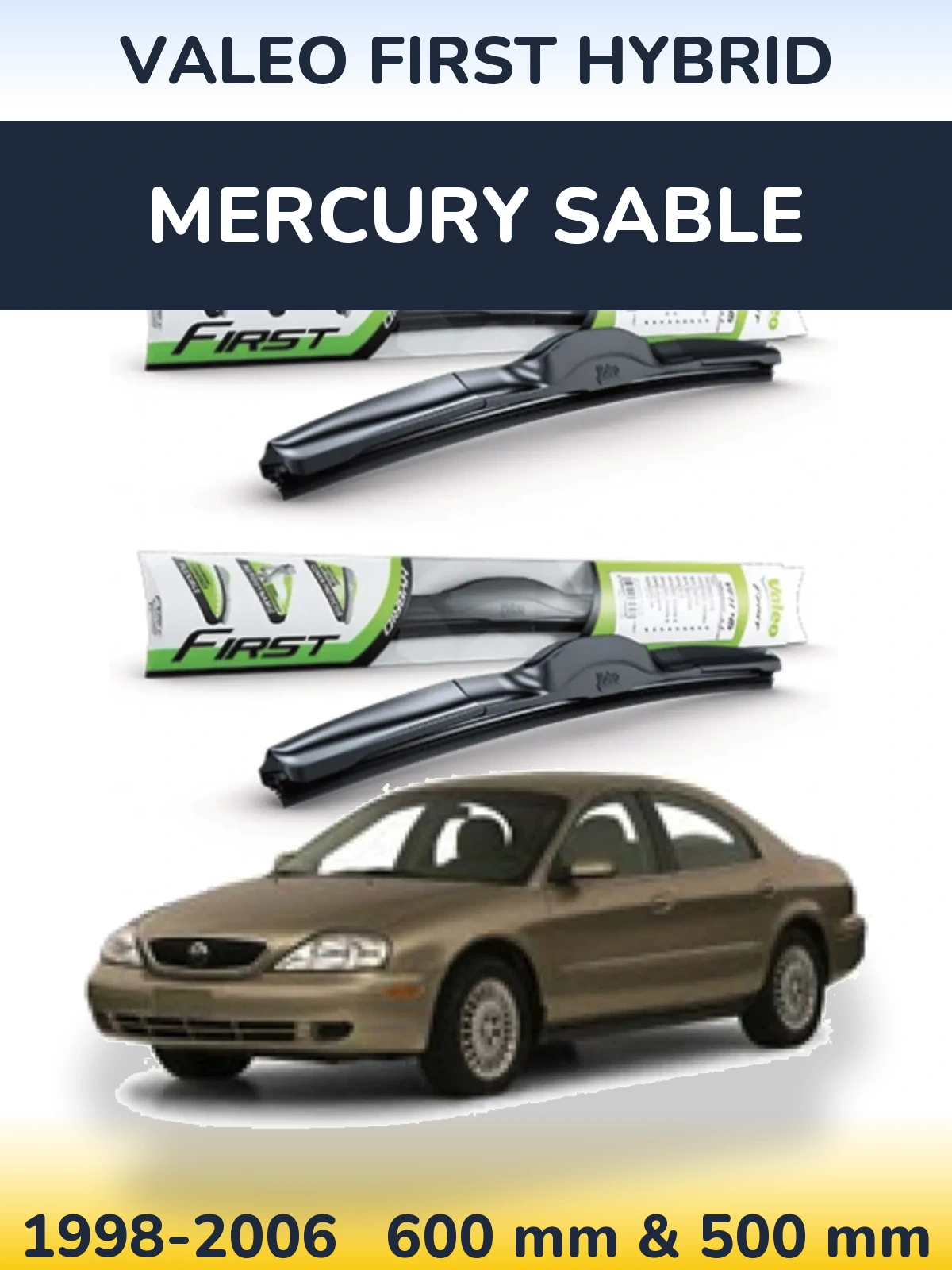 Front wiper blade set Valeo First Hybrid 600 & 500 mm for Mercury Sable 1998-2006