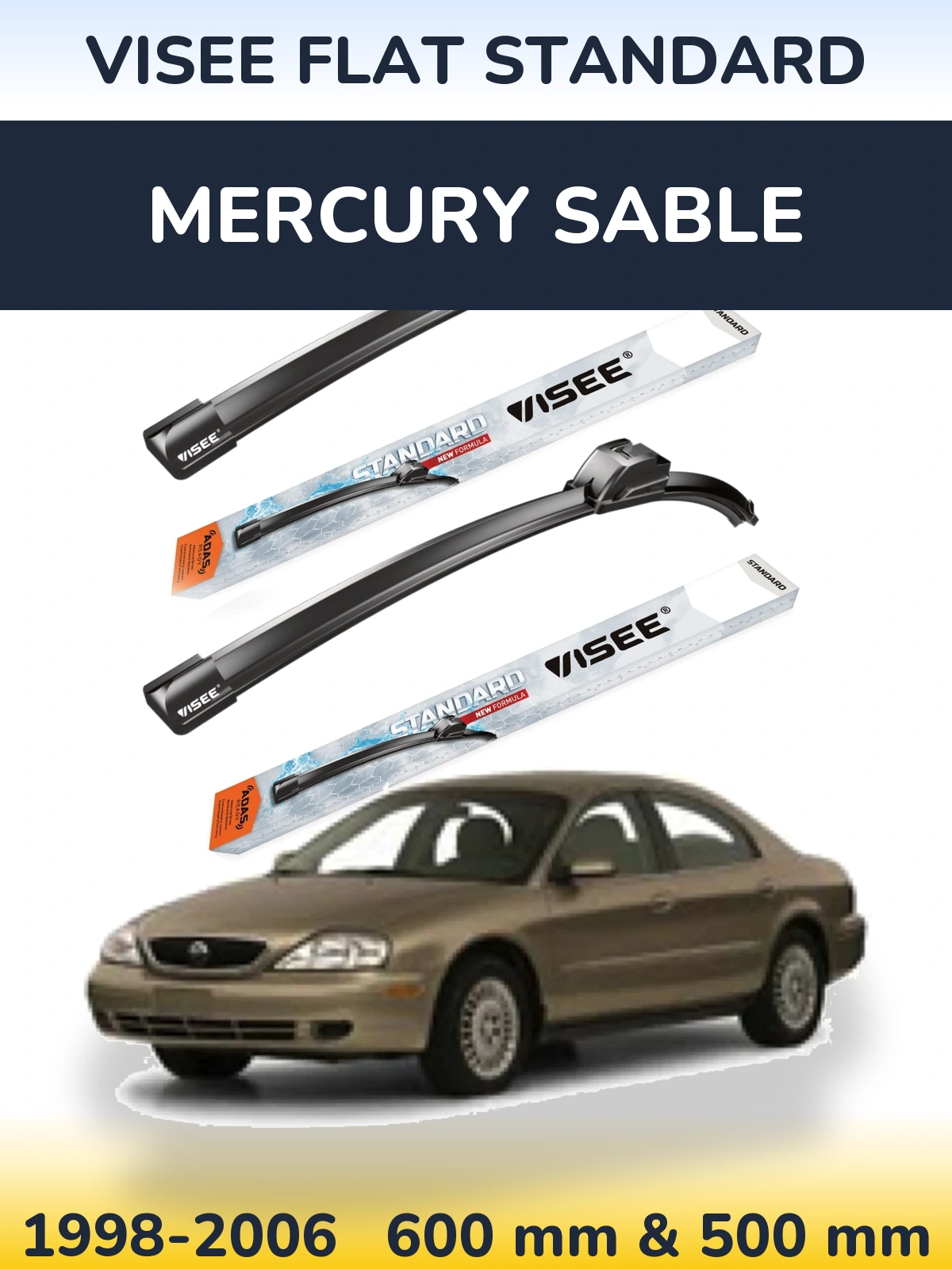 Front wiper blade set VISEE FLAT STANDARD 600 & 500 mm for Mercury Sable 1998-2006