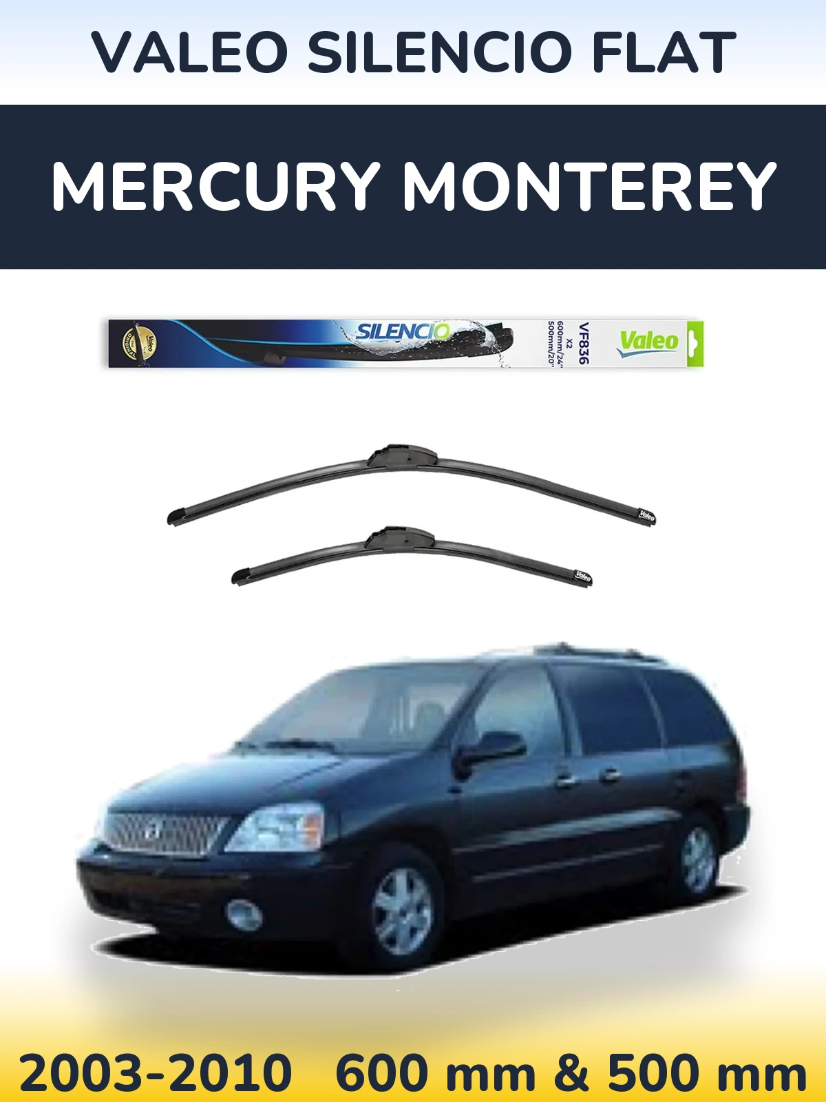 Front wiper blade set Valeo Silencio Flat 600 & 500 mm for Mercury Monterey 2003-2010