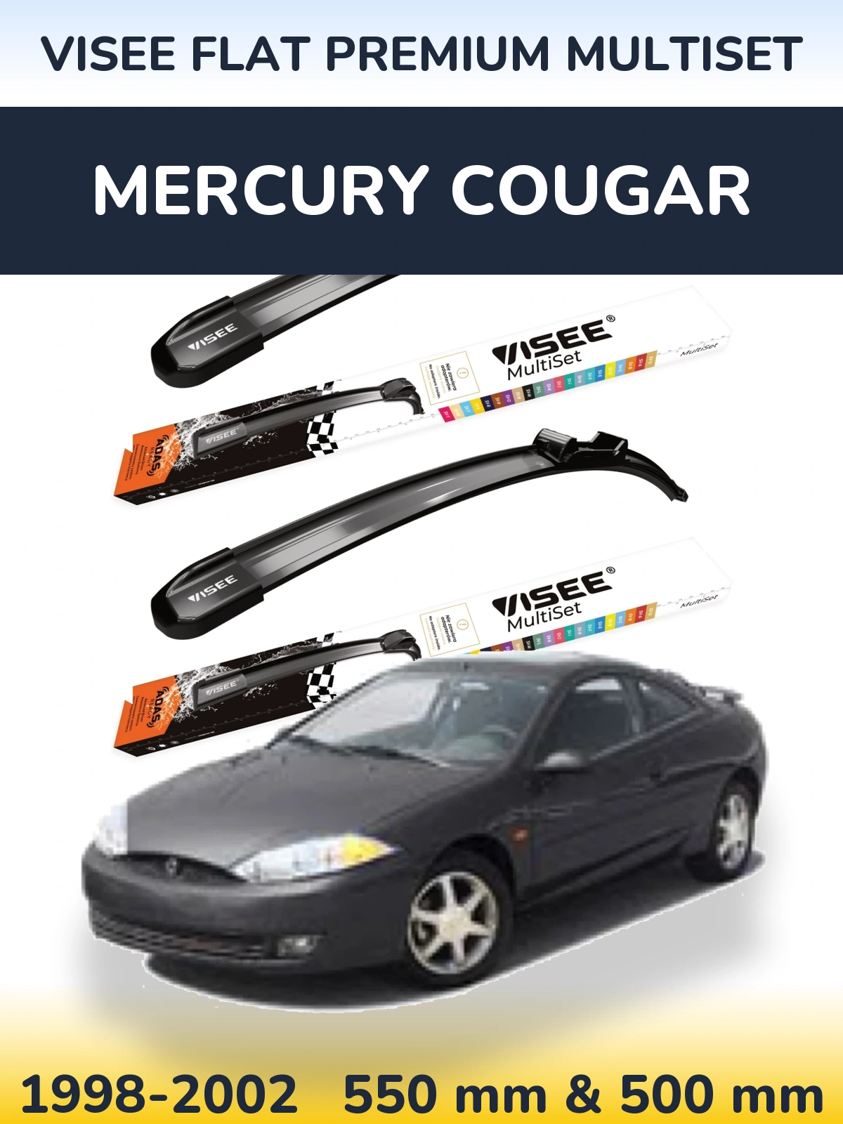 Front wiper blade set VISEE FLAT PREMIUM MultiSet 550 & 500 mm for Mercury Cougar 1998-2002