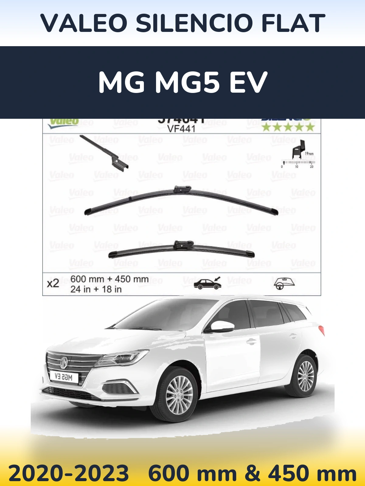 Front wiper blade set Valeo Silencio Flat 600 & 450 mm for MG MG5 EV 2020-2023