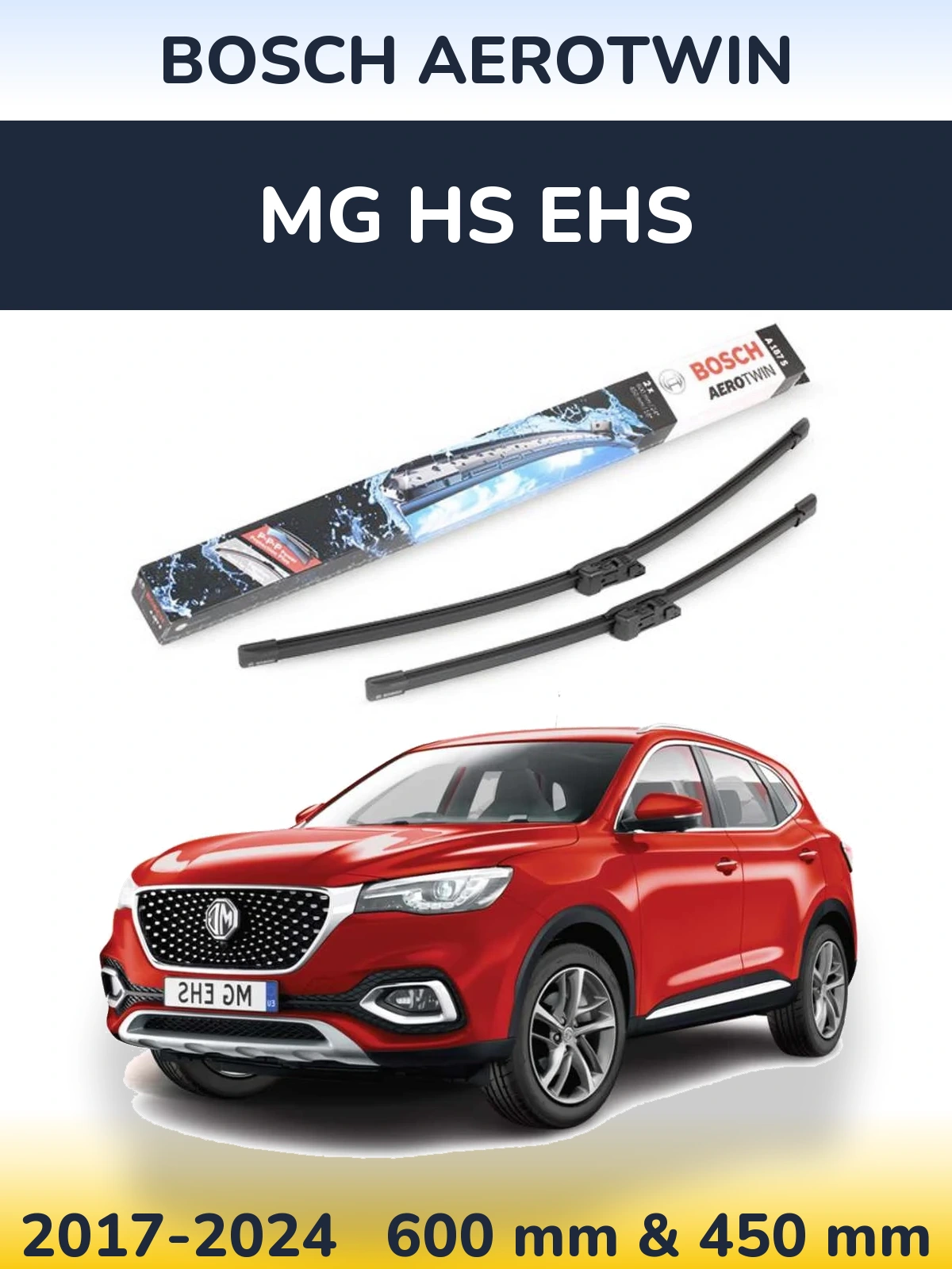 Front wiper blade set BOSCH AeroTwin 600 & 450 mm for MG HS eHS 2017-2024