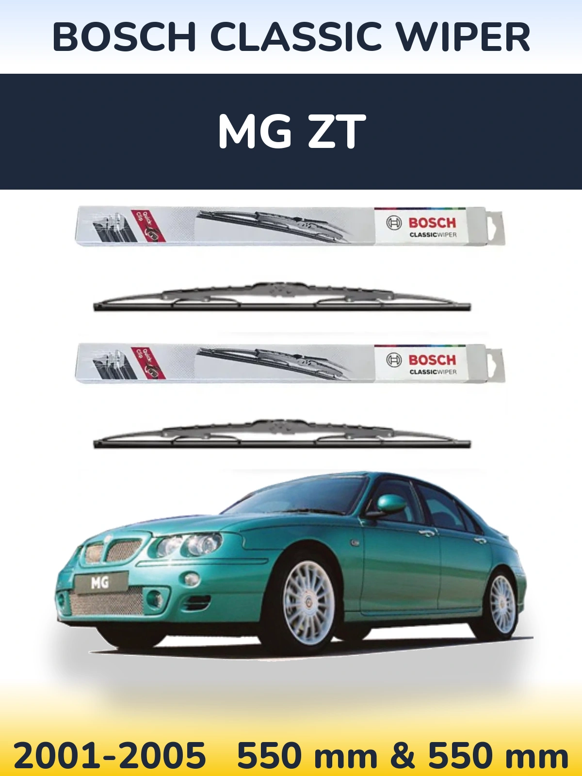 Front wiper blade set BOSCH Classic Wiper 550 & 550 mm for MG ZT 2001-2005