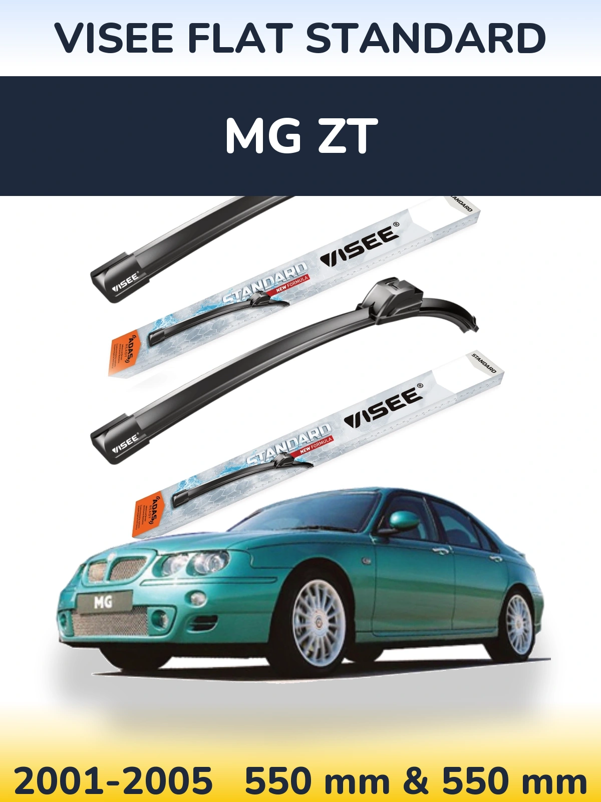 Front wiper blade set VISEE FLAT STANDARD 550 & 550 mm for MG ZT 2001-2005