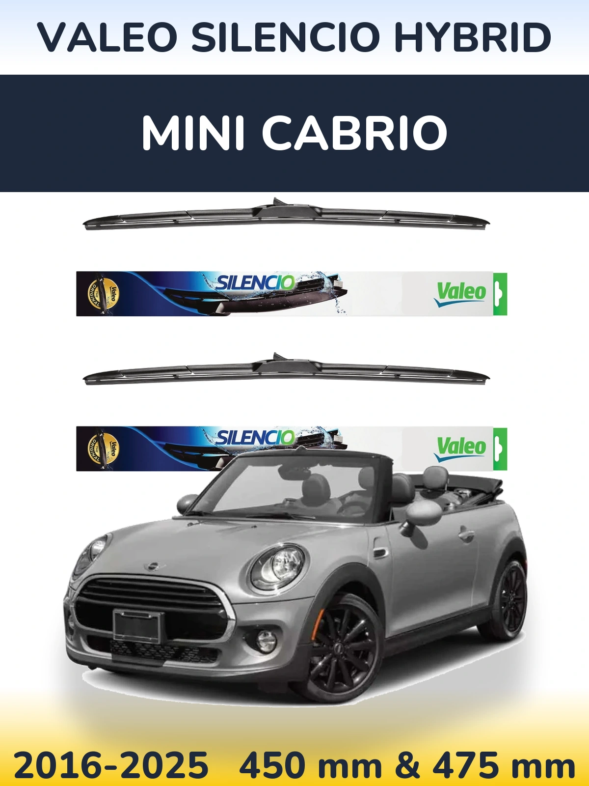 Front wiper blade set Valeo Silencio Hybrid 450 & 475 mm for MINI Cabrio 2016-2025