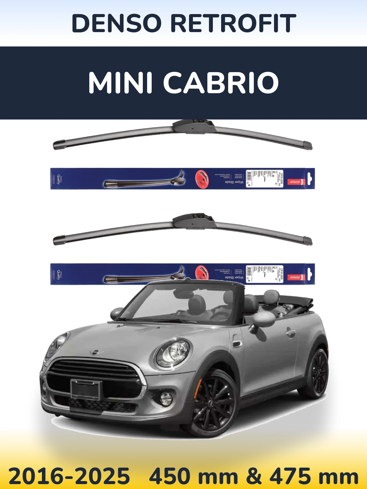 Front wiper blade set Denso Retrofit 450 & 475 mm for MINI Cabrio 2016-2025