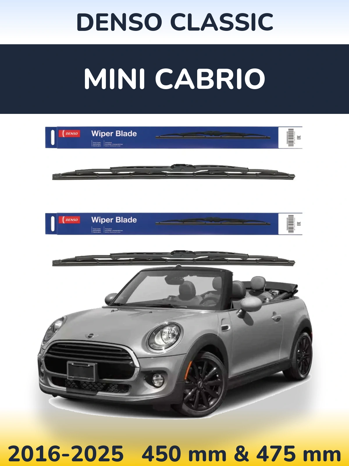 Front wiper blade set Denso Classic 450 & 475 mm for MINI Cabrio 2016-2025