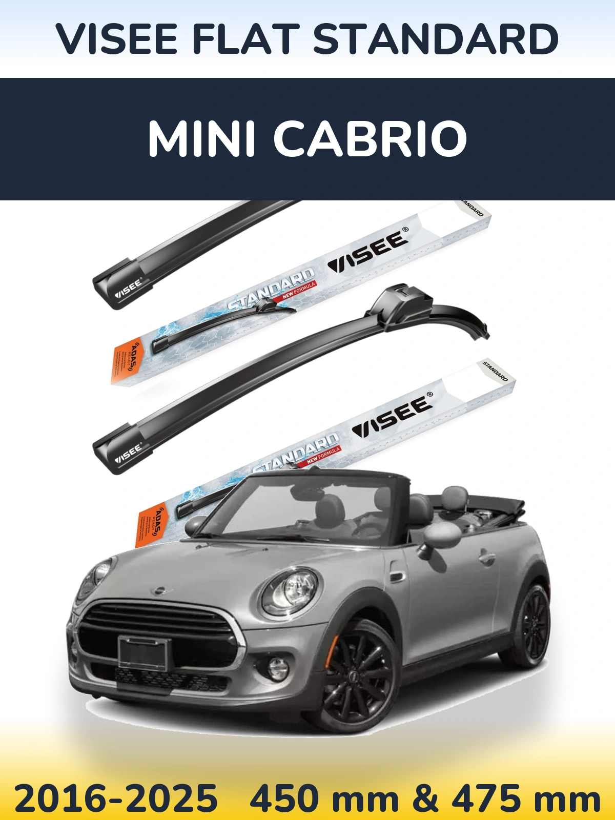 Front wiper blade set VISEE FLAT STANDARD 450 & 475 mm for MINI Cabrio 2016-2025