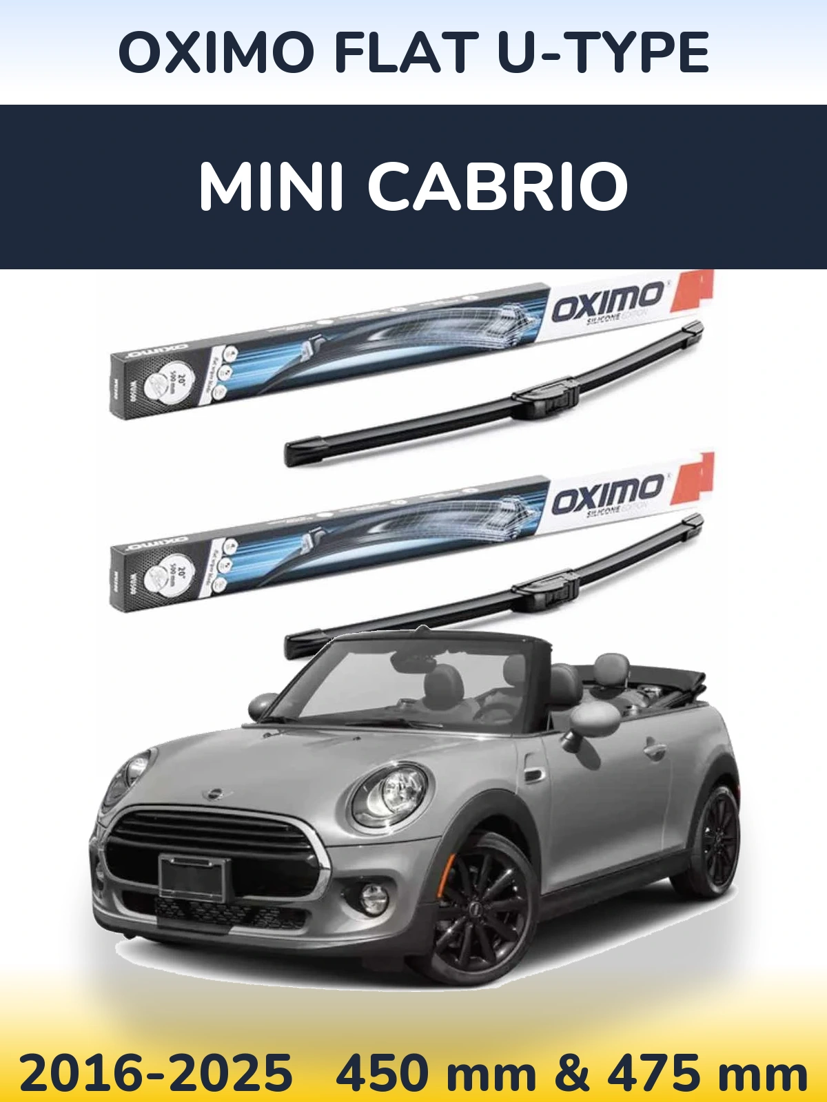 Front wiper blade set Oximo Flat U-type 450 & 475 mm for MINI Cabrio 2016-2025