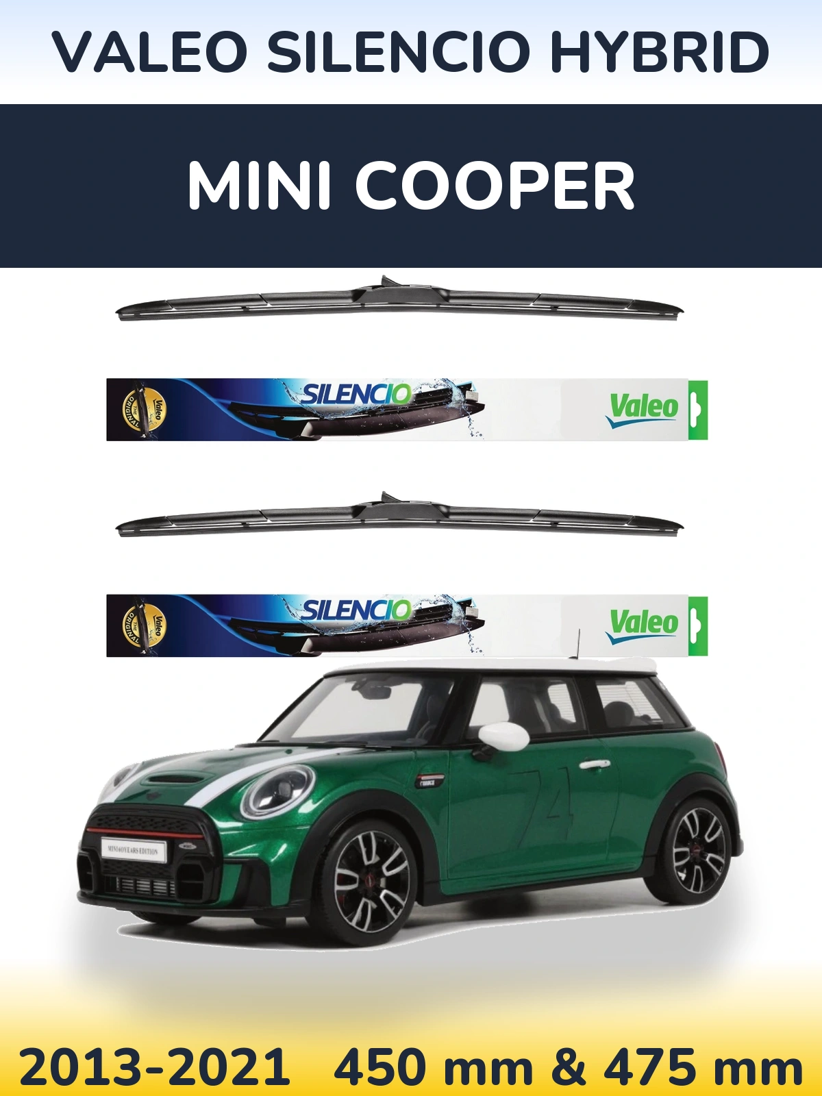 Front wiper blade set Valeo Silencio Hybrid 450 & 475 mm for MINI Cooper 2013-2021