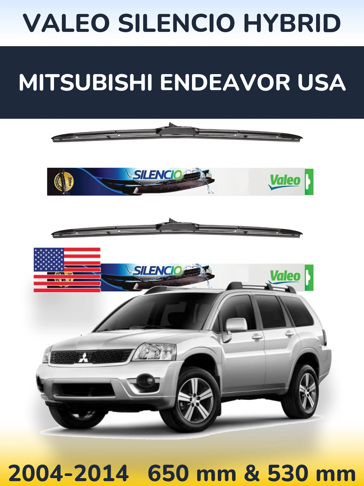 Front wiper blade set Valeo Silencio Hybrid 650 & 530 mm for Mitsubishi Endeavor USA 2004-2014