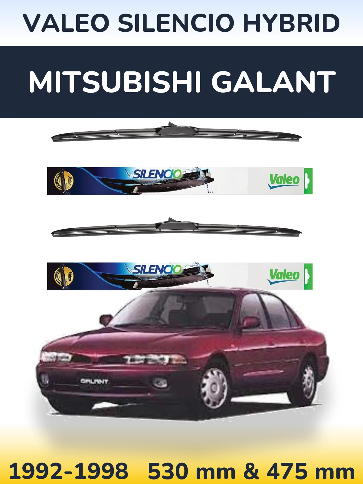 Front wiper blade set Valeo Silencio Hybrid 530 & 475 mm for Mitsubishi Galant 1992-1998