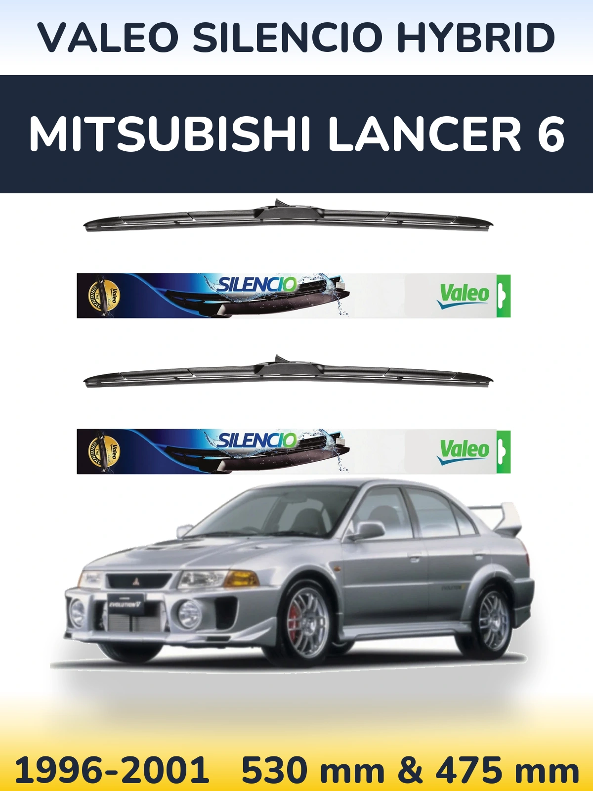 Front wiper blade set Valeo Silencio Hybrid 530 & 475 mm for Mitsubishi Lancer 6 1996-2001