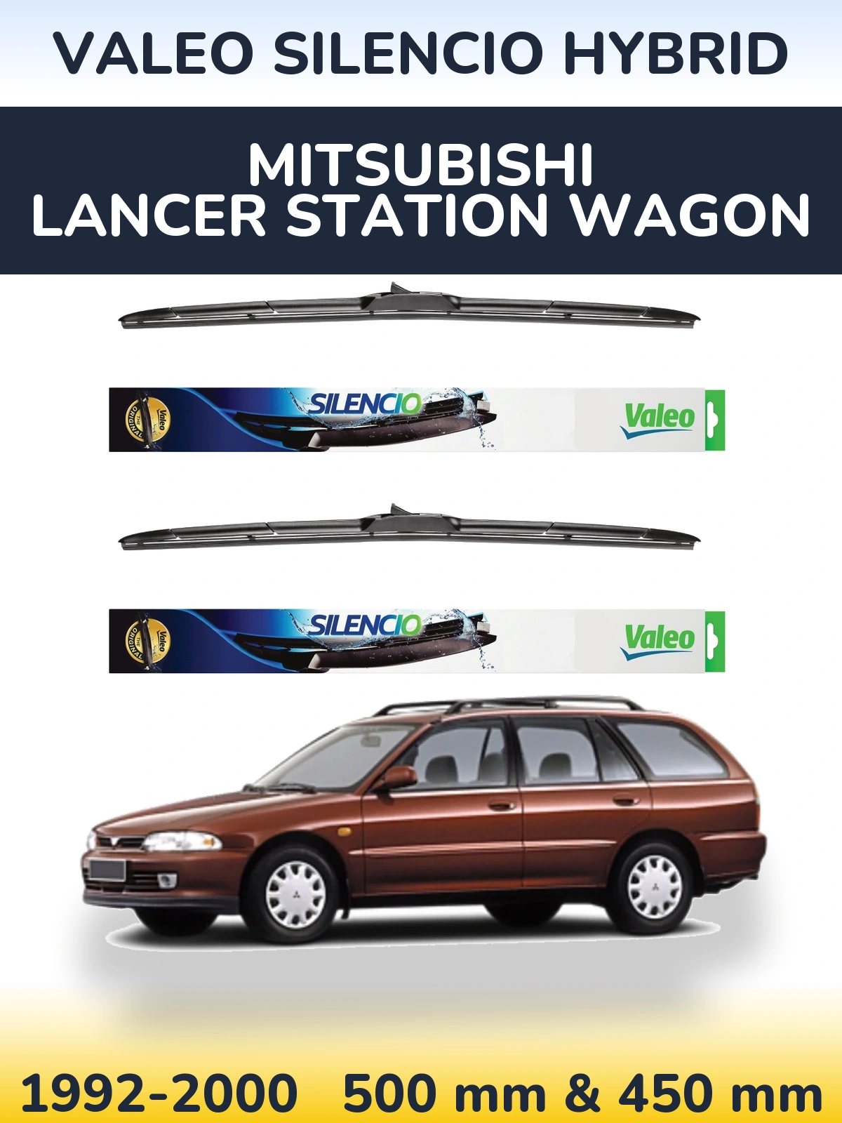Front wiper blade set Valeo Silencio Hybrid 500 & 450 mm for Mitsubishi Lancer Station Wagon 1992-2000