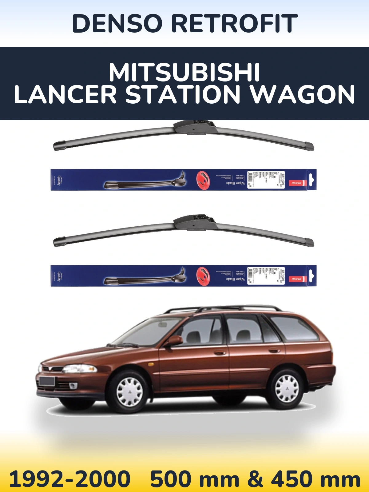 Front wiper blade set Denso Retrofit 500 & 450 mm for Mitsubishi Lancer Station Wagon 1992-2000