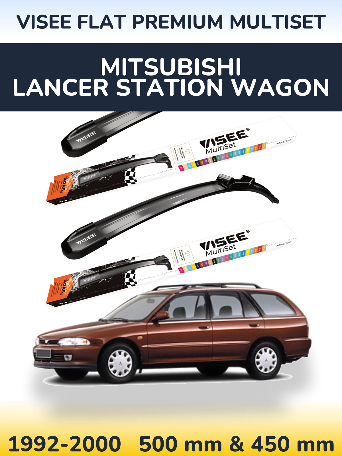 Front wiper blade set VISEE FLAT PREMIUM MultiSet 500 & 450 mm for Mitsubishi Lancer Station Wagon 1992-2000
