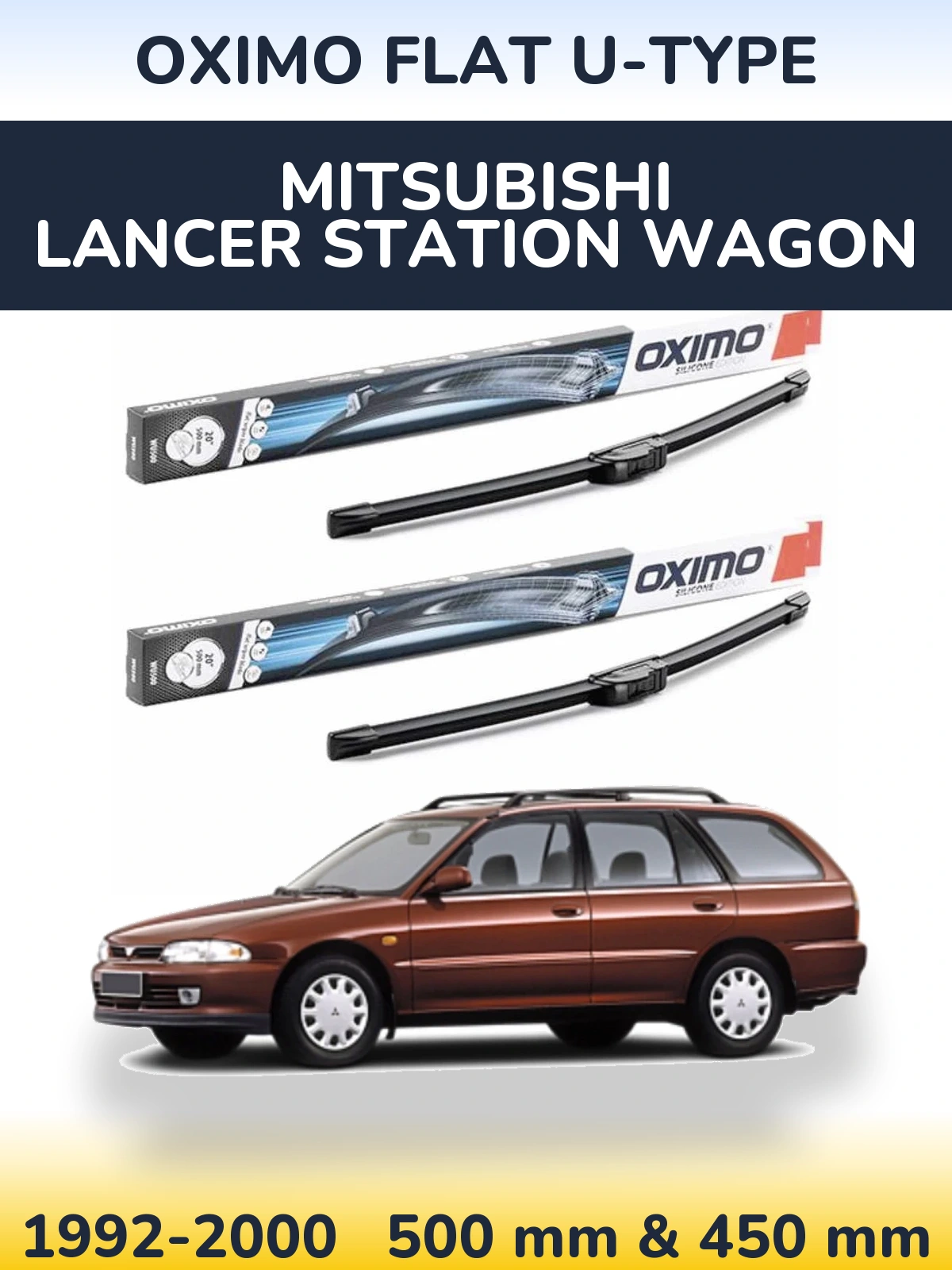 Front wiper blade set Oximo Flat U-type 500 & 450 mm for Mitsubishi Lancer Station Wagon 1992-2000