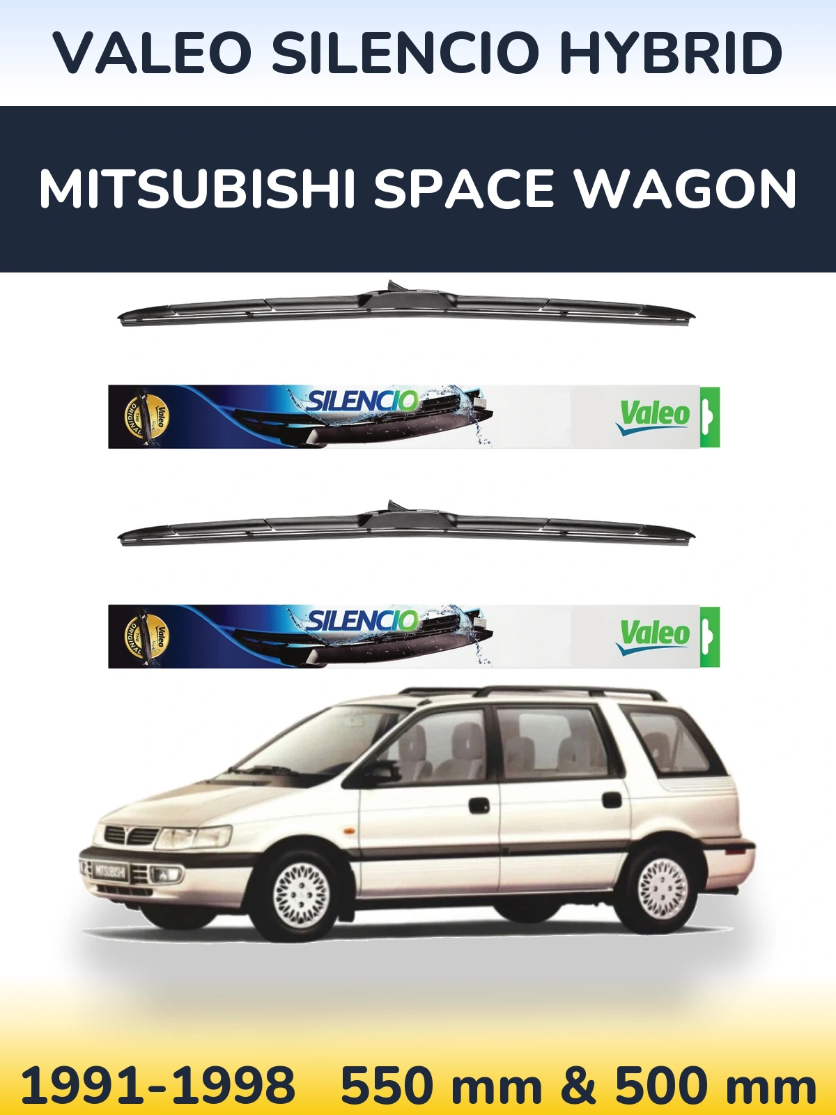 Front wiper blade set Valeo Silencio Hybrid 550 & 500 mm for Mitsubishi Space Wagon 1991-1998