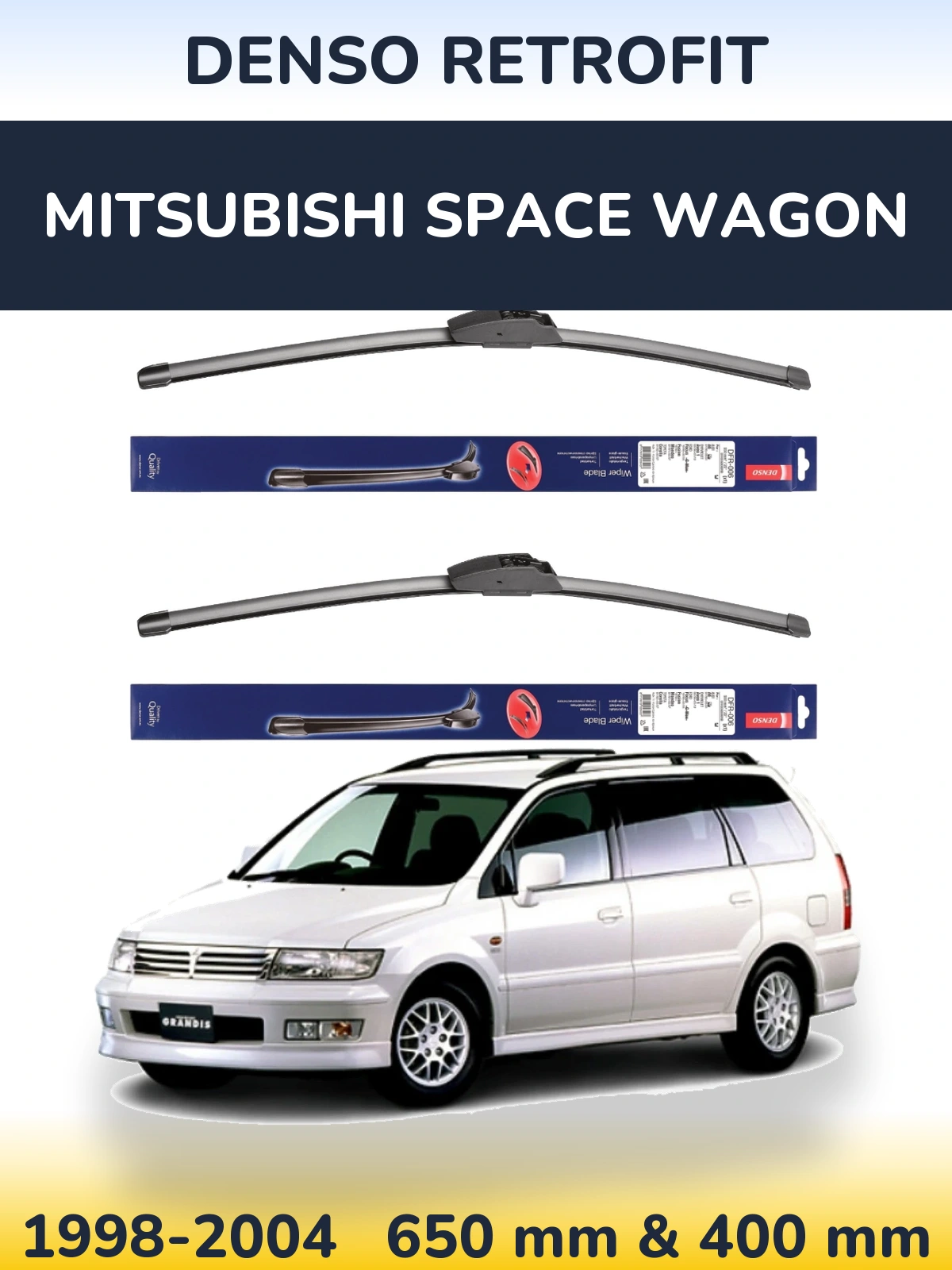 Front wiper blade set Denso Retrofit 650 & 400 mm for Mitsubishi Space Wagon 1998-2004