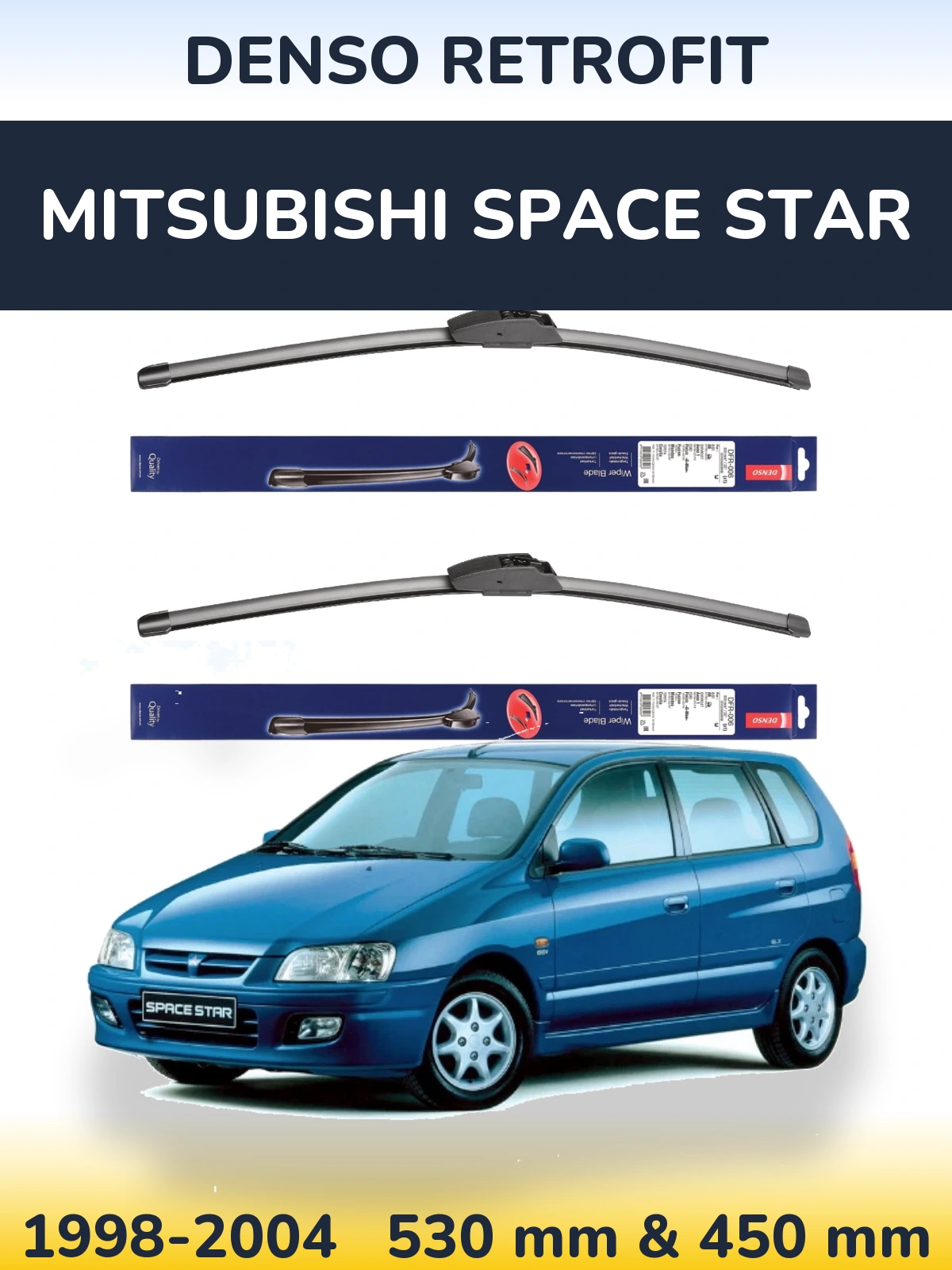 Front wiper blade set Denso Retrofit 530 & 450 mm for Mitsubishi Space Star 1998-2004