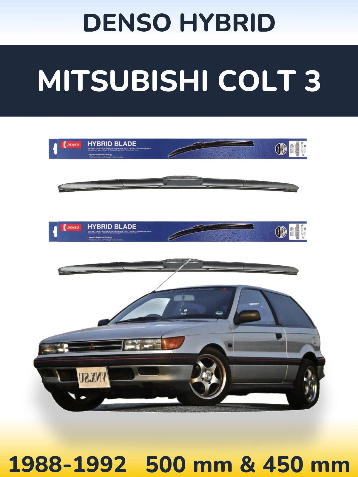 Front wiper blade set Denso Hybrid 500 & 450 mm for Mitsubishi Colt 3 1988-1992