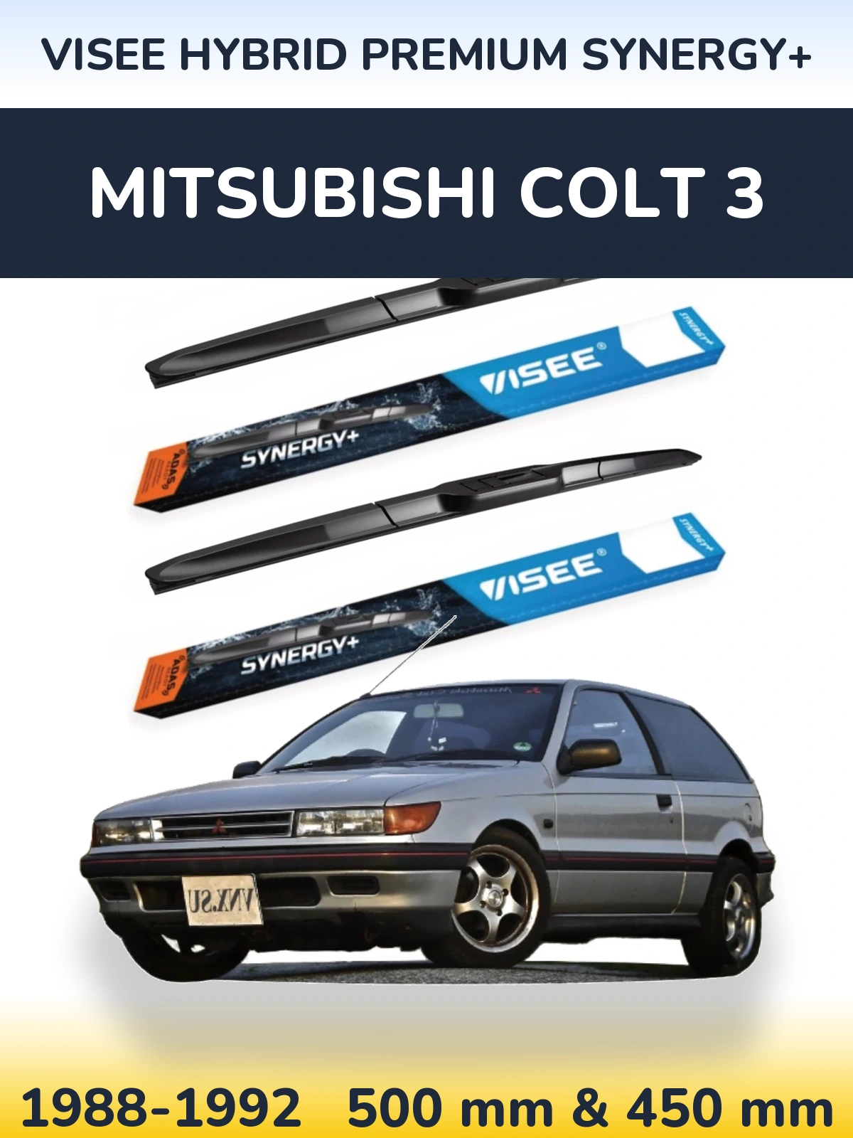 Front wiper blade set VISEE HYBRID PREMIUM SYNERGY+ 500 & 450 mm for Mitsubishi Colt 3 1988-1992