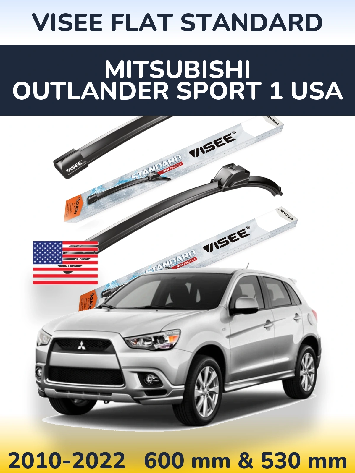 Комплект передних дворников VISEE FLAT STANDARD 600 & 530 мм для Mitsubishi Outlander Sport 1 USA 2010-2022
