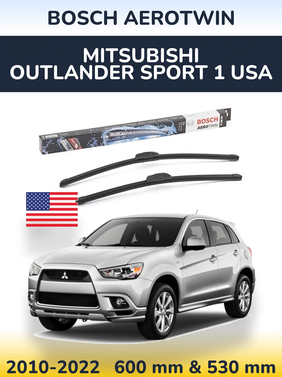 Front wiper blade set BOSCH AeroTwin 600 & 530 mm for Mitsubishi Outlander Sport 1 USA 2010-2022