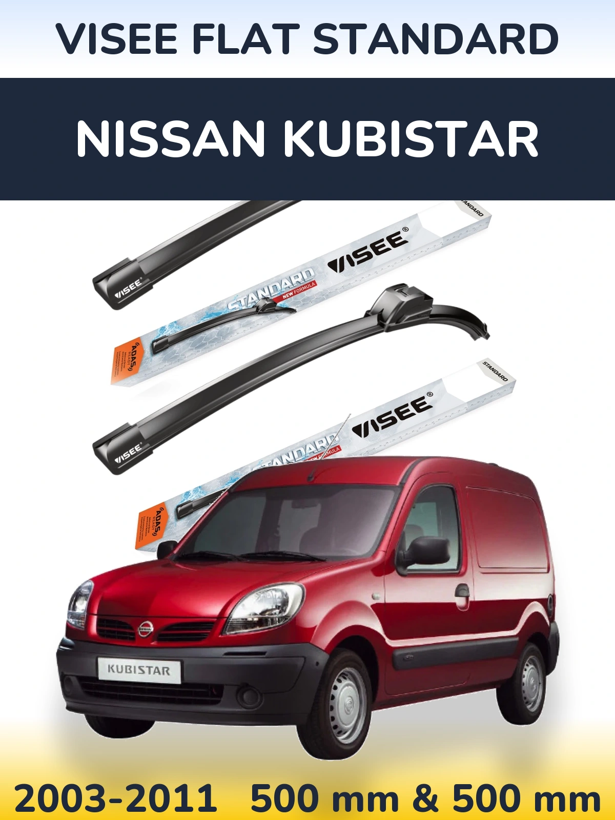 Front wiper blade set VISEE FLAT STANDARD 500 & 500 mm for Nissan Kubistar 2003-2011
