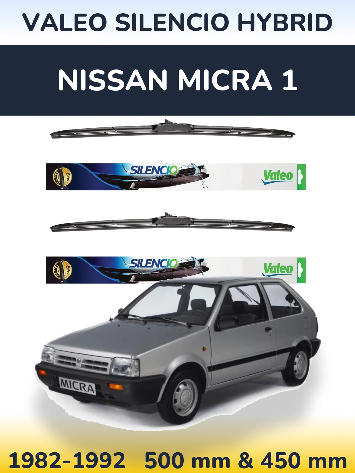 Front wiper blade set Valeo Silencio Hybrid 500 & 450 mm for Nissan Micra 1 1982-1992
