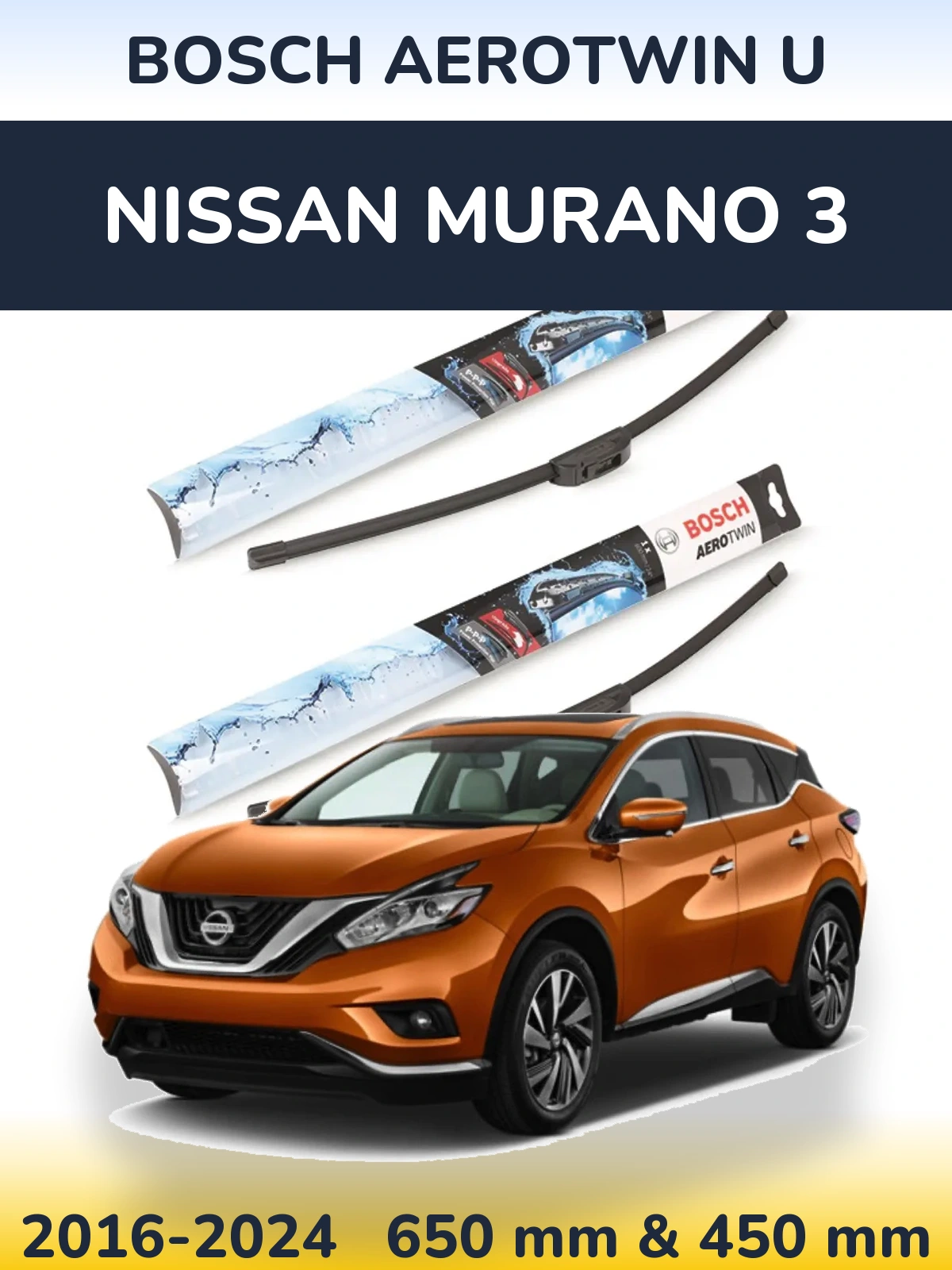Front wiper blade set BOSCH AeroTwin U 650 & 450 mm for Nissan Murano 3 2016-2024