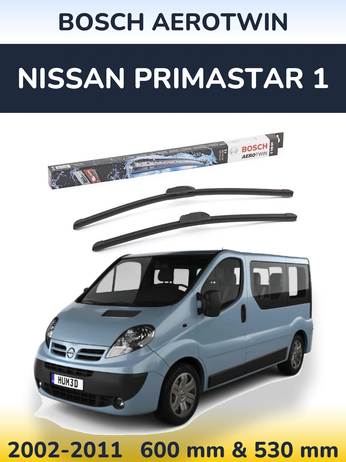 Front wiper blade set BOSCH AeroTwin 600 & 530 mm for Nissan Primastar 1 2002-2011