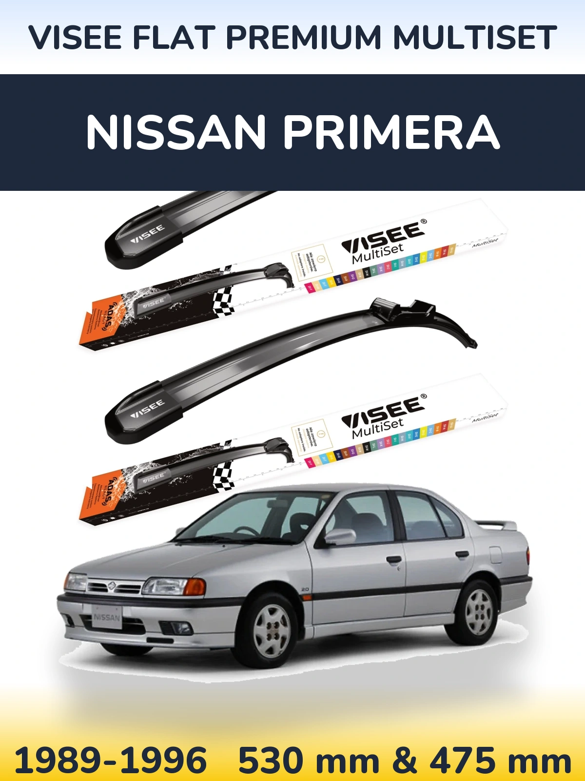 Front wiper blade set VISEE FLAT PREMIUM MultiSet 530 & 475 mm for Nissan Primera 1989-1996