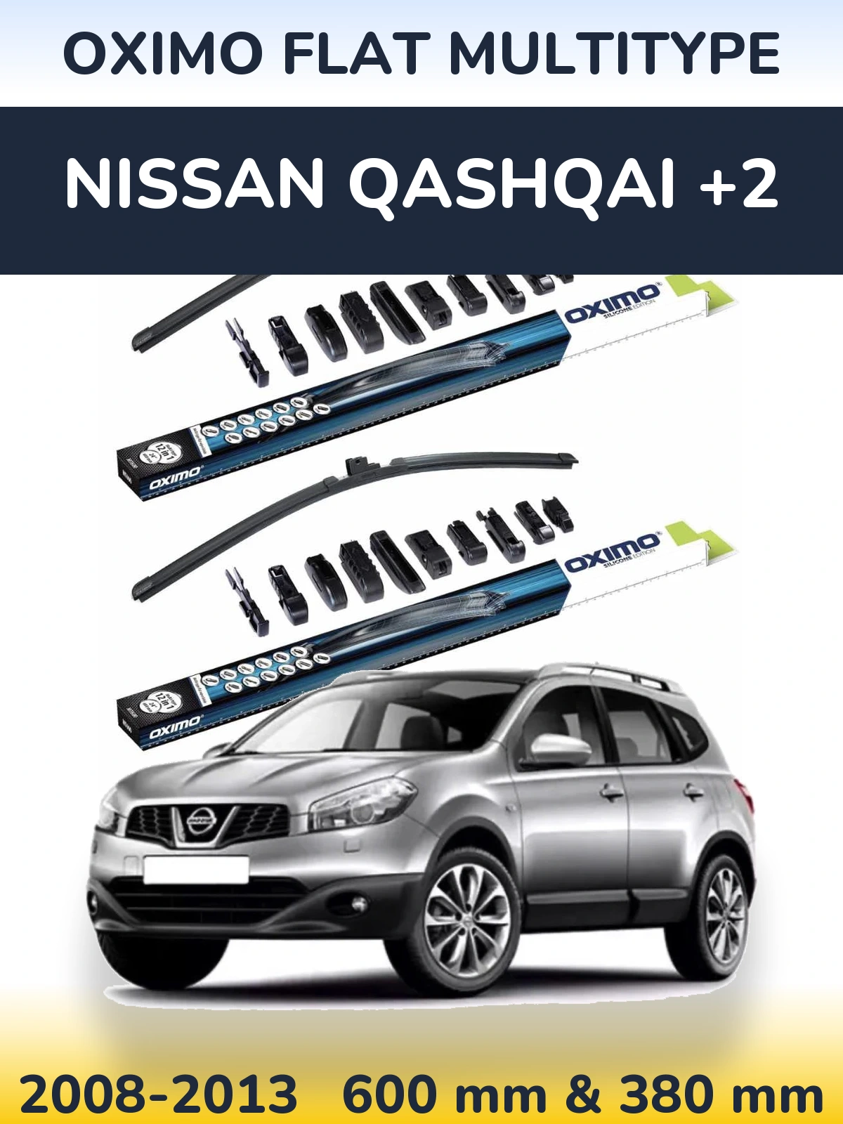 Front wiper blade set Oximo Flat MultiTipoe 600 & 380 mm for Nissan Qashqai +2 2008-2013