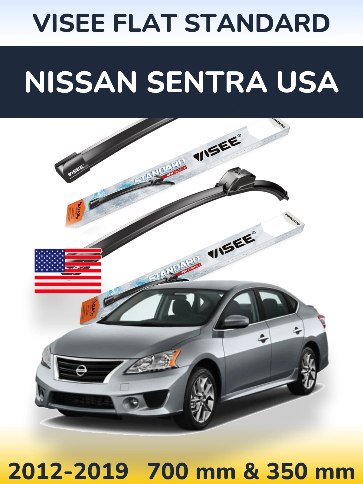 Front wiper blade set VISEE FLAT STANDARD 700 & 350 mm for Nissan Sentra USA 2012-2019