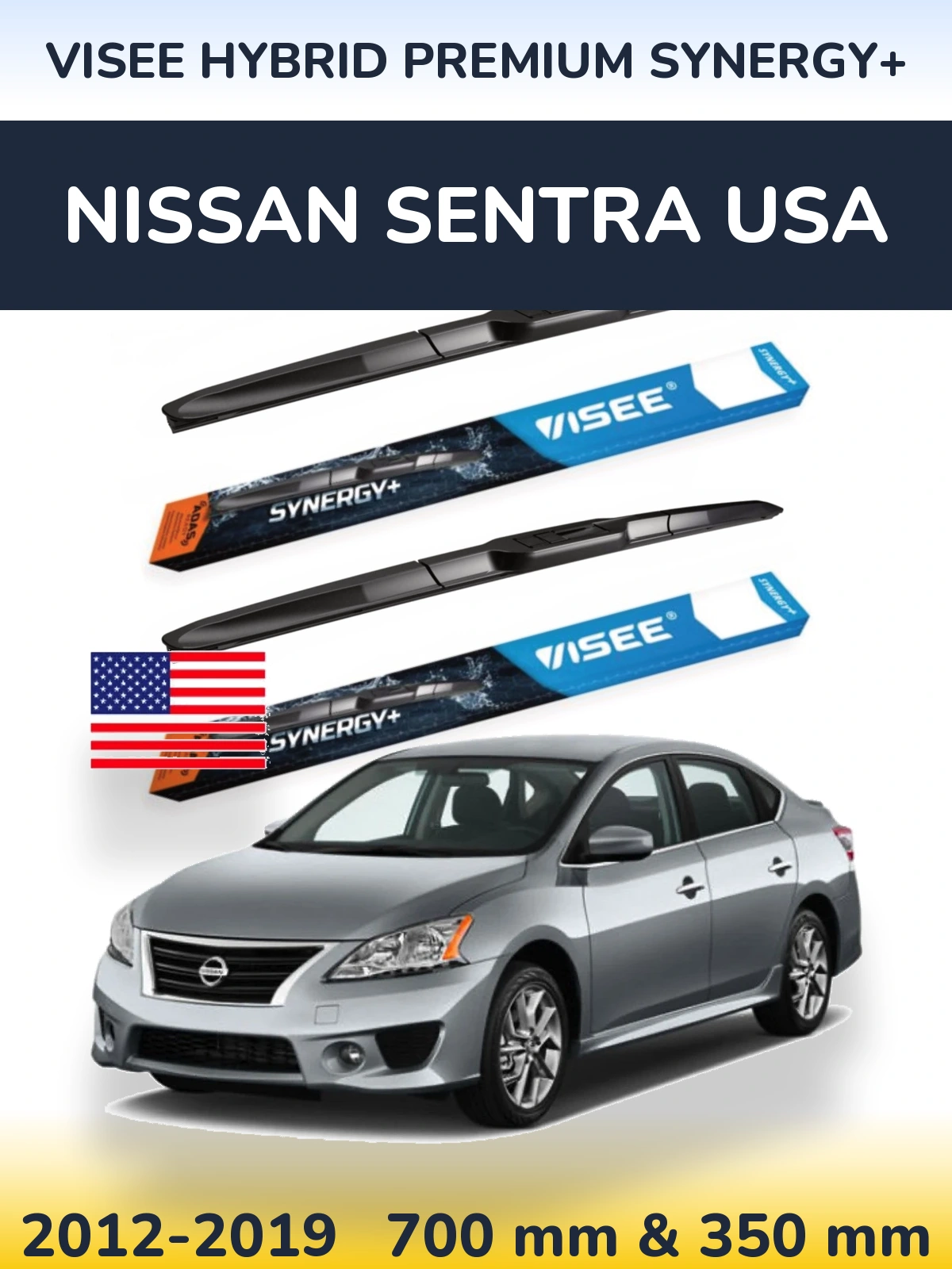Front wiper blade set VISEE HYBRID PREMIUM SYNERGY+ 700 & 350 mm for Nissan Sentra USA 2012-2019