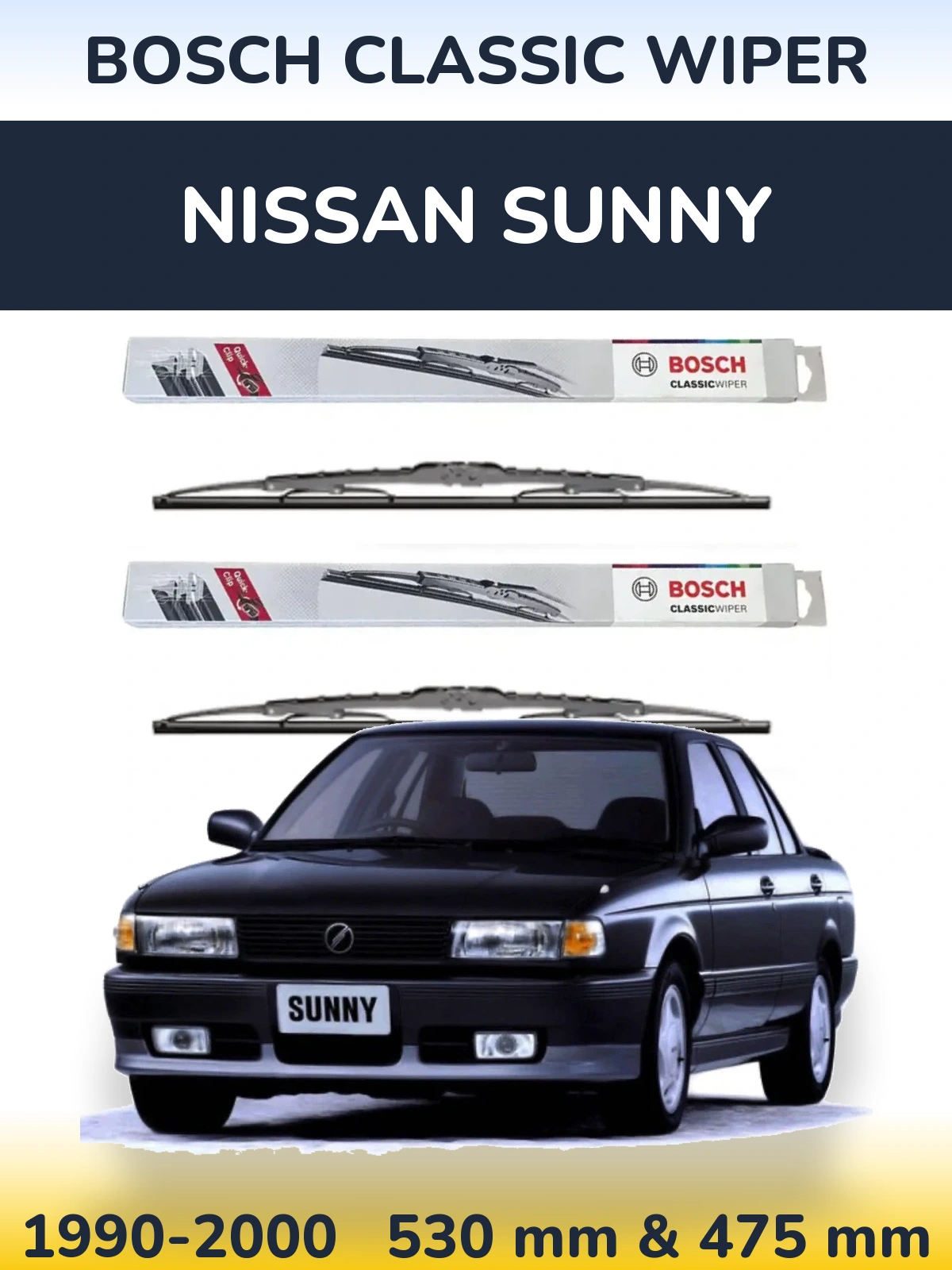 Front wiper blade set BOSCH Classic Wiper 530 & 475 mm for Nissan Sunny 1990-2000