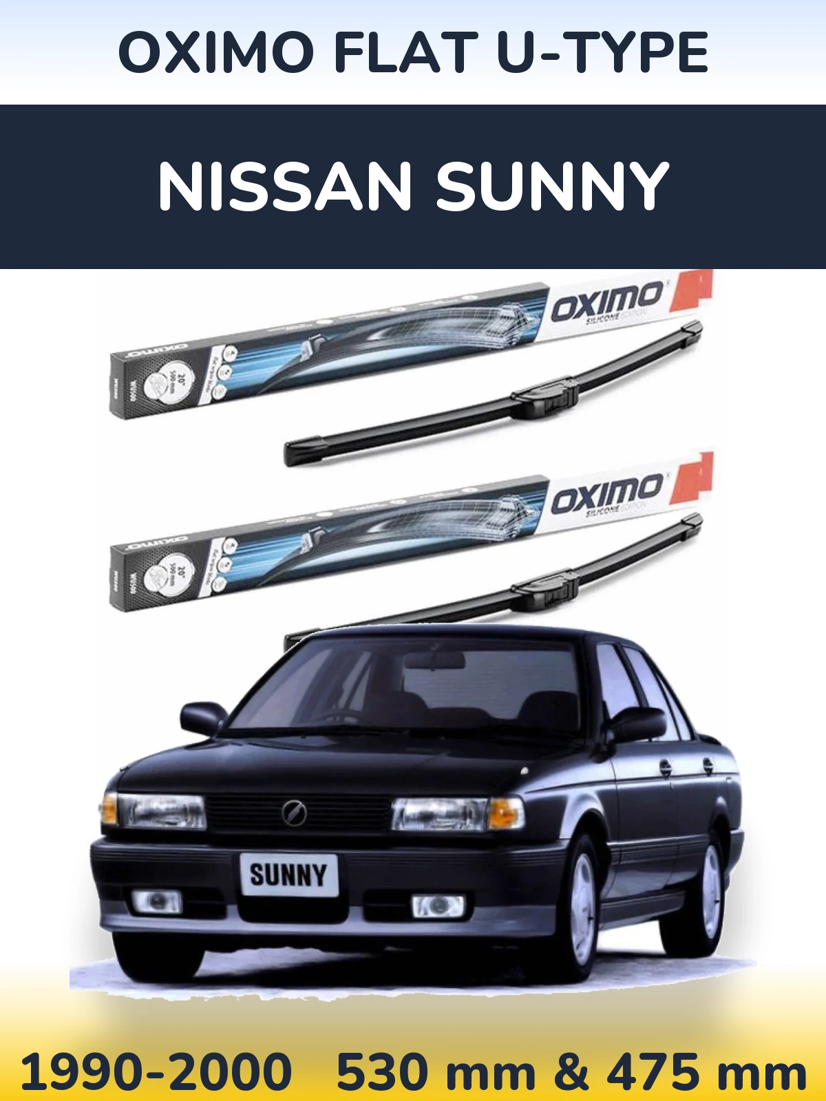 Front wiper blade set Oximo Flat U-type 530 & 475 mm for Nissan Sunny 1990-2000