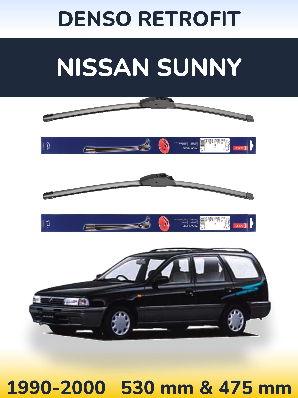 Front wiper blade set Denso Retrofit 530 & 475 mm for Nissan Sunny 1990-2000