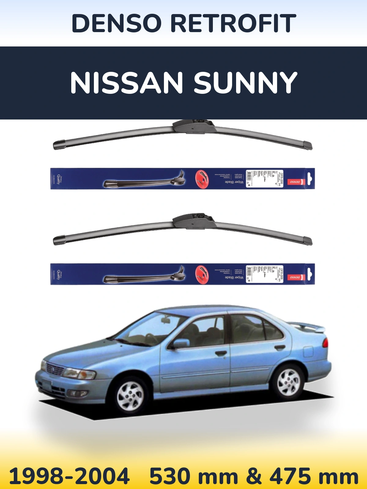 Front wiper blade set Denso Retrofit 530 & 475 mm for Nissan Sunny 1998-2004